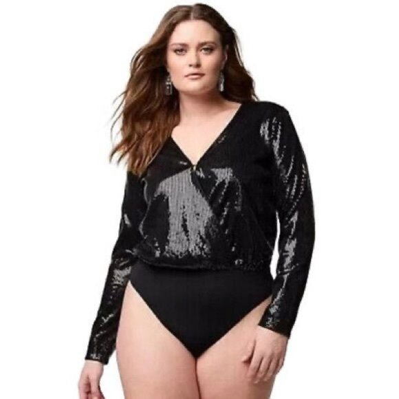 Intempo Black Long Sleeve v neck Sequin Bodysuit Top 3X - Picture 1 of 11